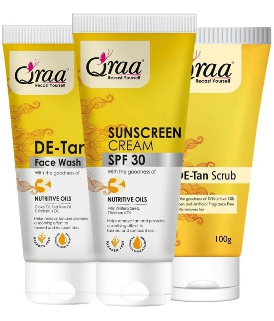 Qraa De Tan Combo Pack-Sunscreen Cream Spf 30,100Gm, De Tan Scrub 100Gm &Face Wash 100Gm|Pack Of 3