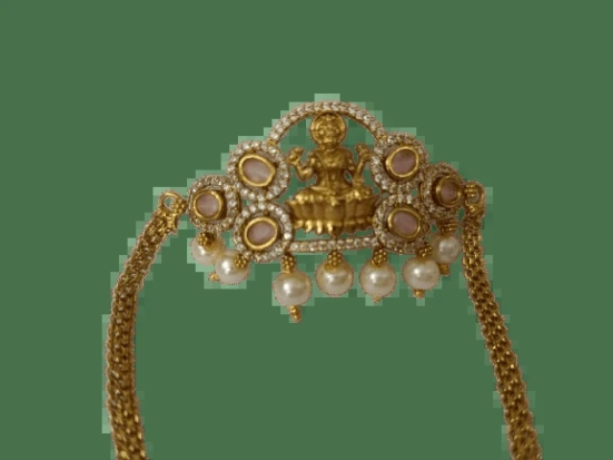 Stunning Gold-Plated Goddess Laxmi Pendant with Pearls and Pink Stones for Women