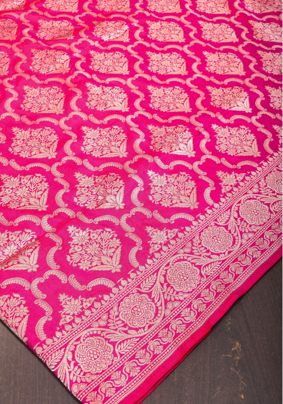 Pink Dual tone Pure Katan Silk Banarasi Saree with Persian Trellis Jaal Weave | SILK MARK CERTIFIED