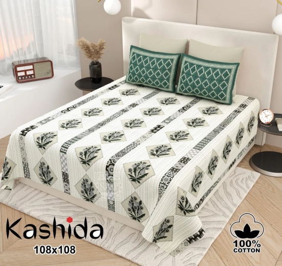 Bedsheet Adda-Super Mega King Size  King Size(108*108 in)-Pure Cotton Sanganeri Printed Jaipuri  Double Bedsheet With 2 Matching Pillow Covers-RJ-14-03-(108*108)-HT8310