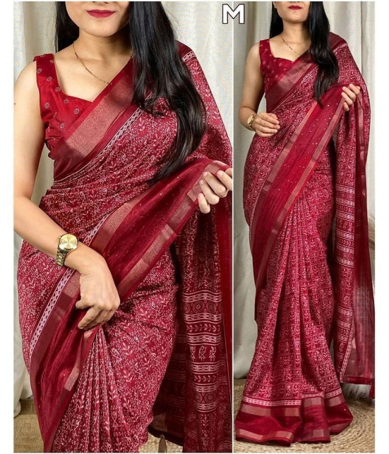 Bhuwal Fashion Art Silk Printed Saree With Blouse Piece - Maroon ( Pack of 1 ) - Maroon