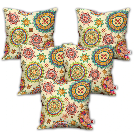 Indigifts Diwali Gift Items Colorful Rangoli Print White Cushion Cover 12x12 with Filler Set of 5 - Diwali Gift Items, Diwali Decoration Items, Deepavali Decoration, Dipawli Gifts