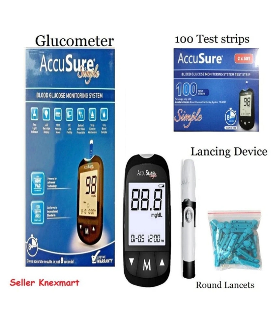 Accusure Simple Glucometer + 100 strips Expiry -Feb 2024