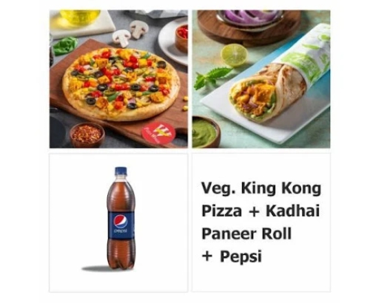 Kadai Paneer Roll+Veg King Kong Pizza+Coke