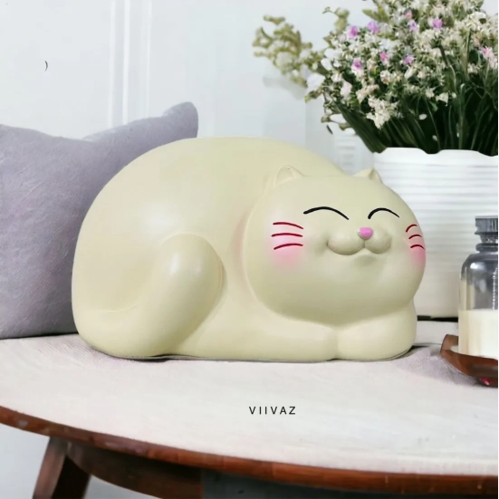 Kitty Tissue Holder-Mint Beige / Polyresin | Gloss Finish / H: 6 | L: 9 | W: 5 (Inches)