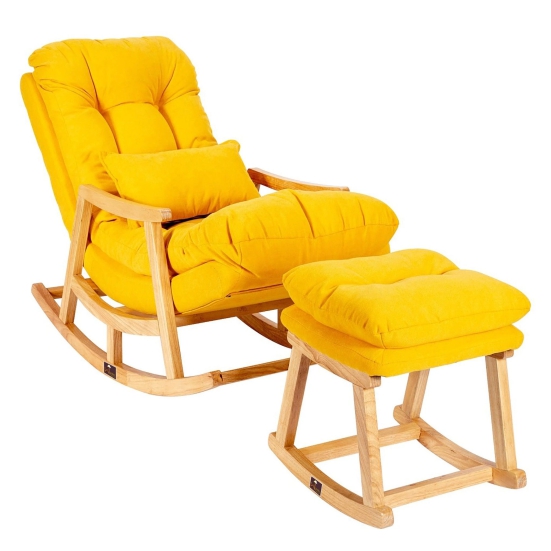 Wooden Twist Colonial and Traditional Super Comfortable Cushion Rocking Chair And With Footrest (Natural Polish)-Yellow