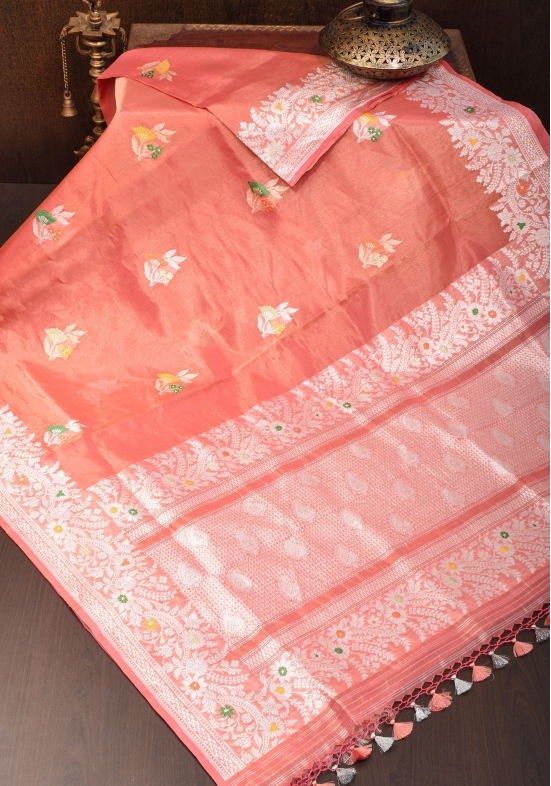 Salmon Pink Tissue Organza Banarasi Pure Silk Saree with Meenakari Buttas | SILK MARK CERTIFIED