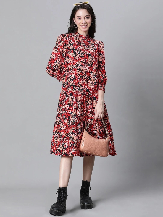 Oxolloxo Floral Printed Mandarin Collar Puff Sleeves Pure Cotton Shirt Midi Dress