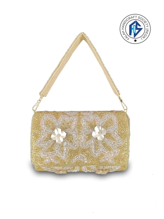 FHS Fancy Party Wear Sequins Embroidery Work Clutch Bag Golden Colour