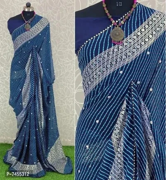 Georgette Striped Printed Sarees with Blouse-Blue