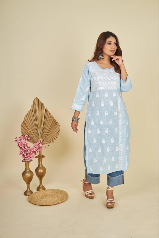 Cotton Chikankari Linen kurti- Blue-Blue / XXL