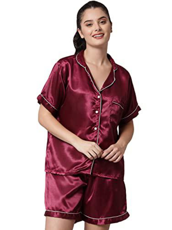 FUNDAY FASHION Women's Satin Plain/Solid Relaxed Night Suit Set Of Top & Shorts