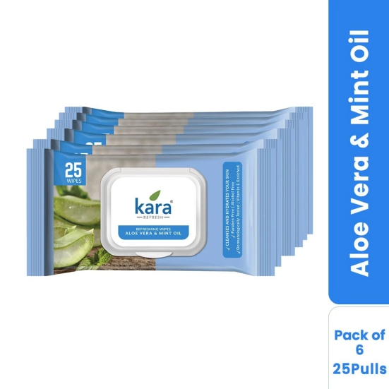 Kara Aloevera & Mint Oil Refreshing Facial Wipes Pack of 6  (25 Pulls)