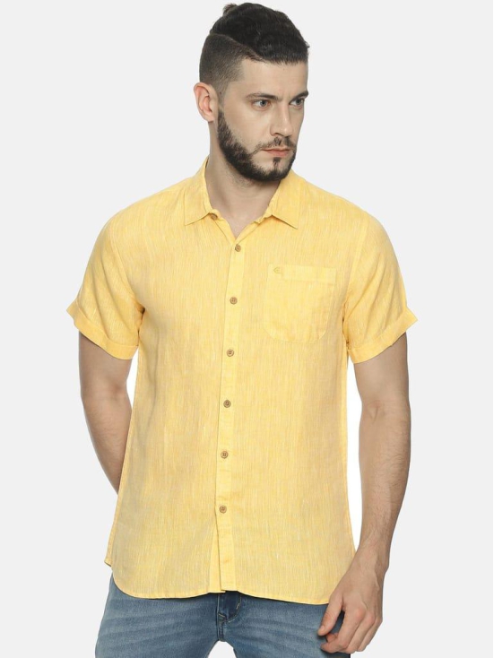 Men Lemon Yellow Hemp Casual Half Sleeve Shirt