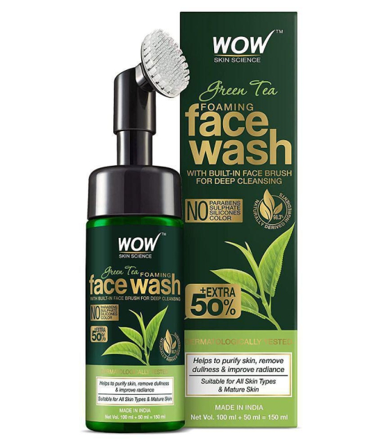 WOW Skin Science Green Tea Foaming Face Wash with Built-In Face Brush - With Green Tea & Aloe Vera Extract - For Purifying Skin, Improving Radiance - No Parabens, Sulphate, Silicones & Color