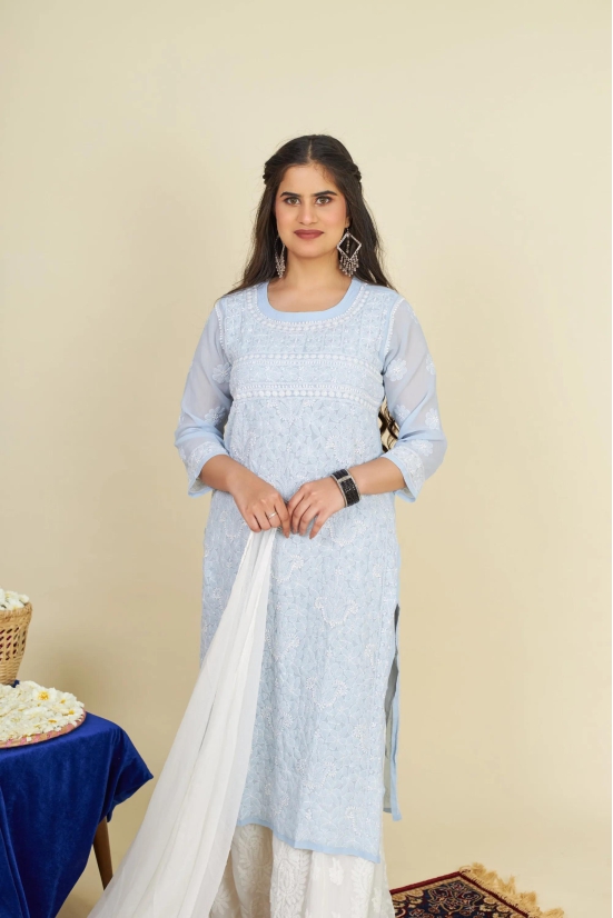 Georgette Chikankari  kurti- Sky Blue-Sky Blue / XXL