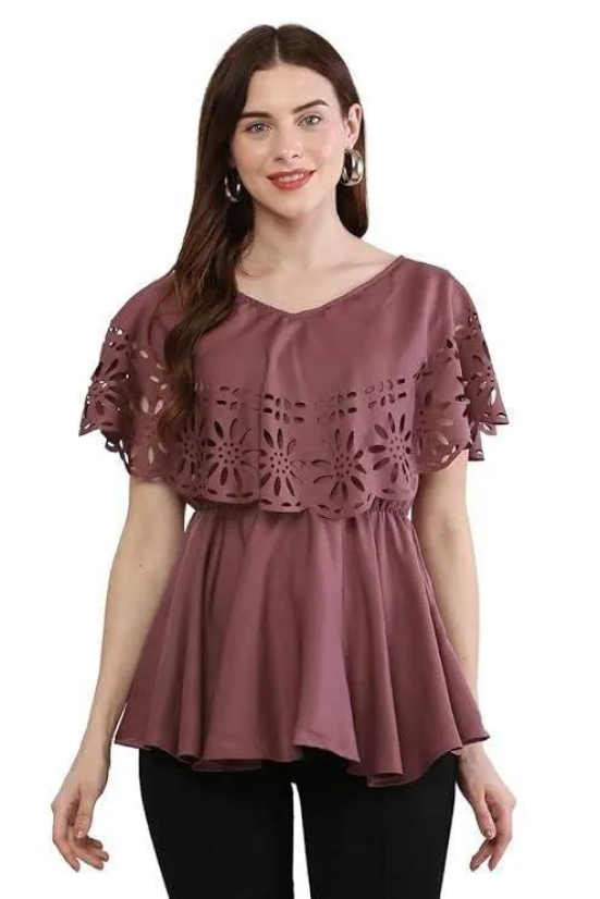 Oceanista Womens Crepe Solid V-Neck Purple Top-S