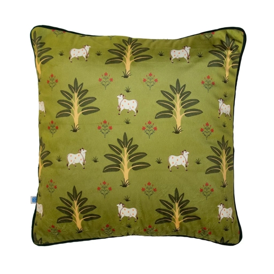 Pichwai Divine Cow Printed Green Velvet Cushion Cover  16 X 16