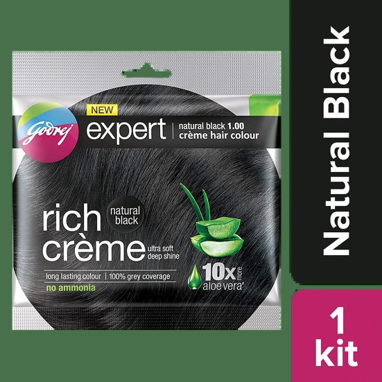 Godrej Expert Rich Creme Hair Colour - Single Use, Long Lasting, 100% Grey Coverage (20 G + 20 Ml), 1 Pc Shade 1 Natural Black