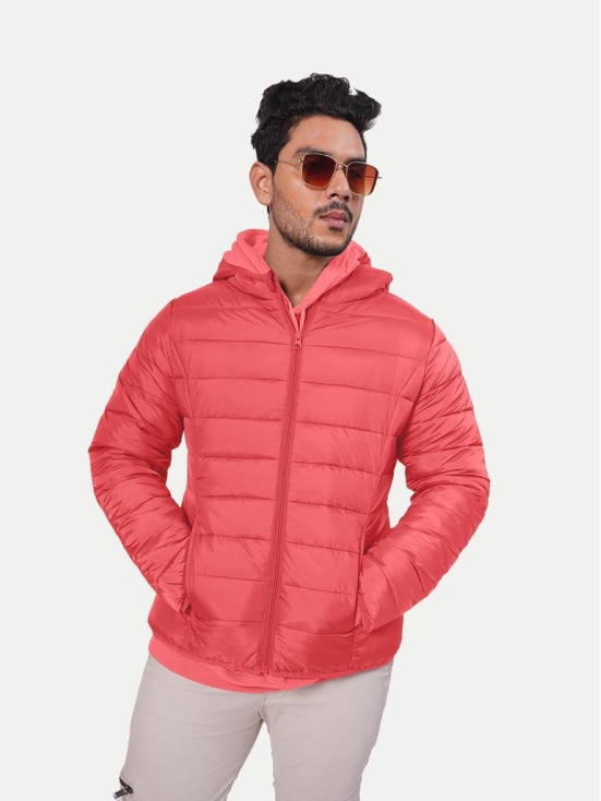 Men Classic Red puffed quilted Jacket with side pockets and hoodie