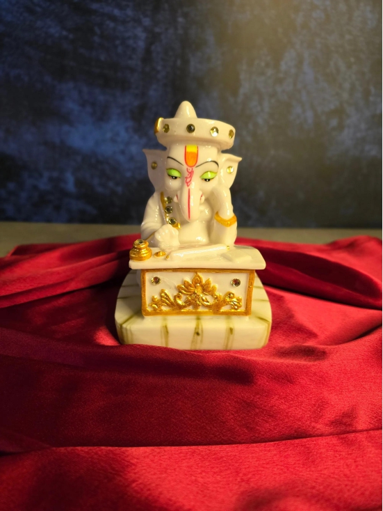 STUDY GANESHA-WHITE / 6.5X4.5X4.5 / MARBLE DUST AND STONE