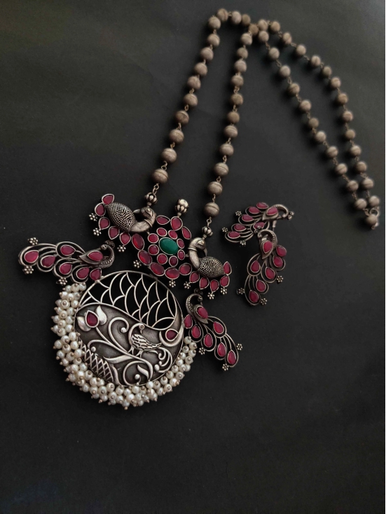 Antique silver peacock kundan long necklace set