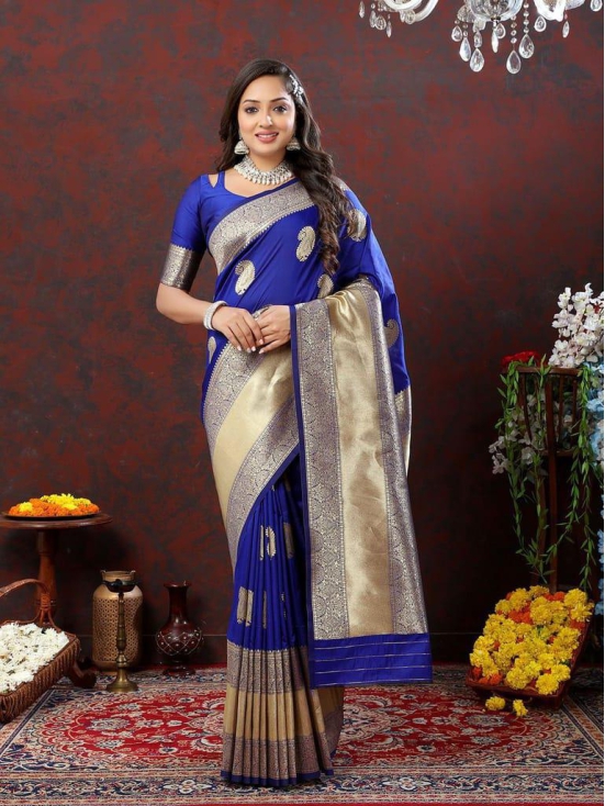 Blue Soft Silk Woven Design Gold Zari Weaving Saree