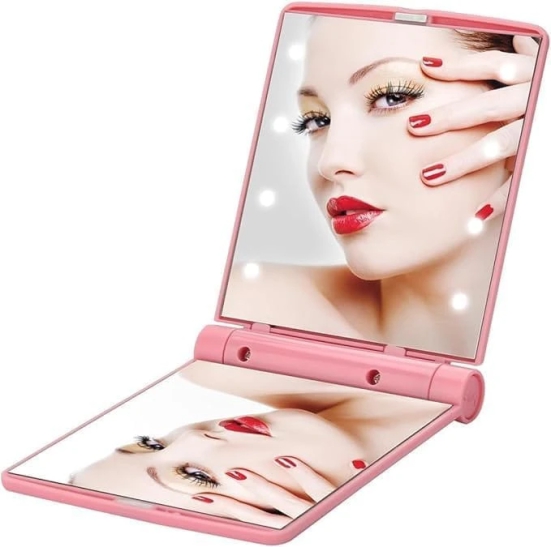 KIT & CO Makeup Mirror with Lights, 8 Led Lighted Make Up Travel Size Mirrors Compact Portable Folding Handheld Lighting Kits for Teen Girls College Essentials Women Kids