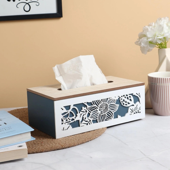 FLORAL TISSUE BOX-Blue