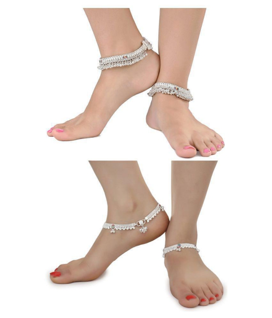 AanyaCentric Combo of 2 Pair Silver Plated White Metal Indian Traditional Ethnic Payal Anklets - Silver