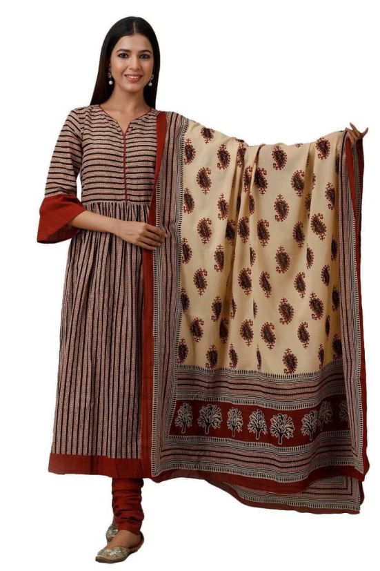 JAIPURETHNICWEAVES Women's Cotton Cambric Block Print Anarkali Kurta Churidar Dupatta Set