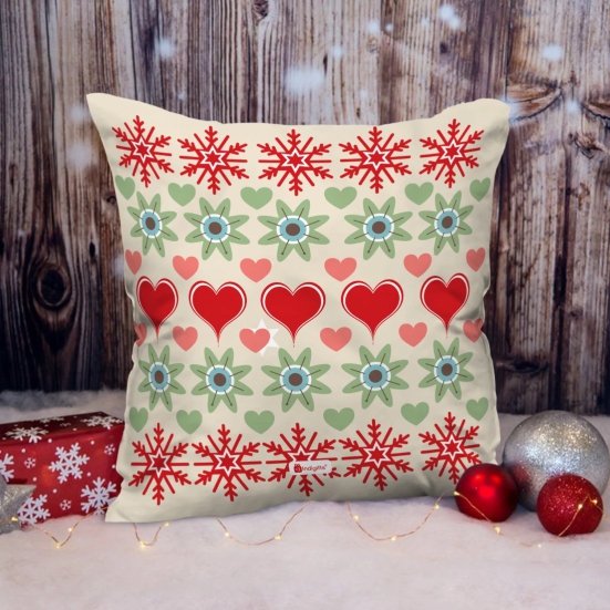 Indigifts Christmas Cushion Covers Nordic Pattern with Hearts, Snowflakes and Flowers Printed White Cushion Cover 18x18 inches - Christmas Cushion, Christmas Decorations for House, Xmas Decorations