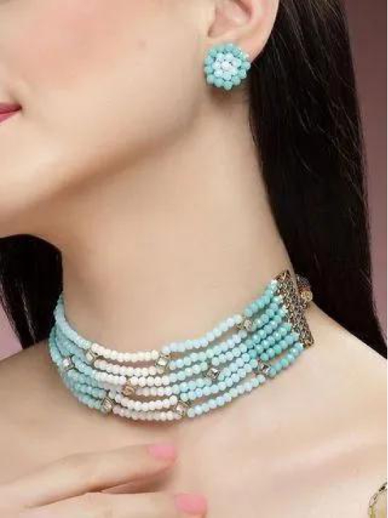 Karatcart Light Blue and White Crystals Beaded Kundan Choker Necklace Set for Women-Free Size