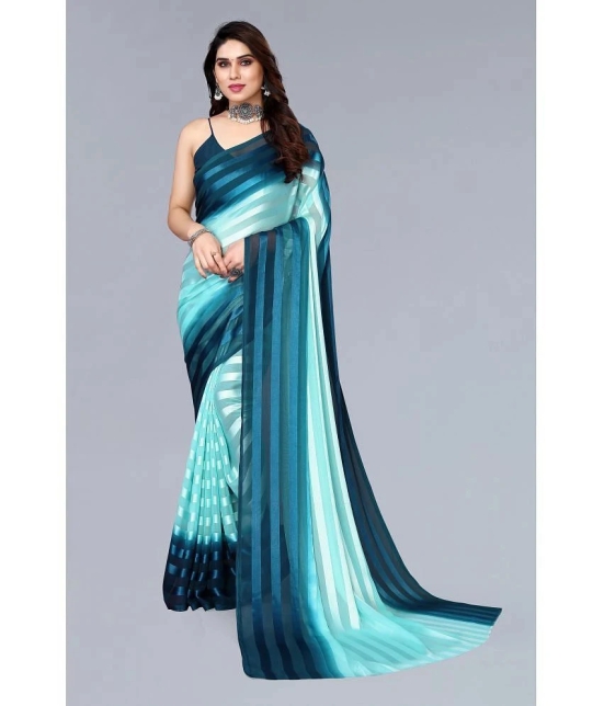 ANAND SAREES Satin Striped Saree With Blouse Piece - Turquoise ( Pack of 1 ) - Turquoise