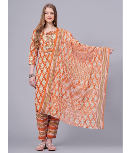 JC4U Cotton Printed Kurti With Pants Womens Stitched Salwar Suit - Orange ( Pack of 1 ) - None