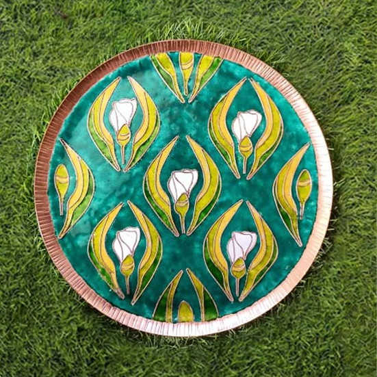 Copper Enamel Wall Plate Gardens of Vishwakarma, Greens-Wildflower by Ekibeki-Large