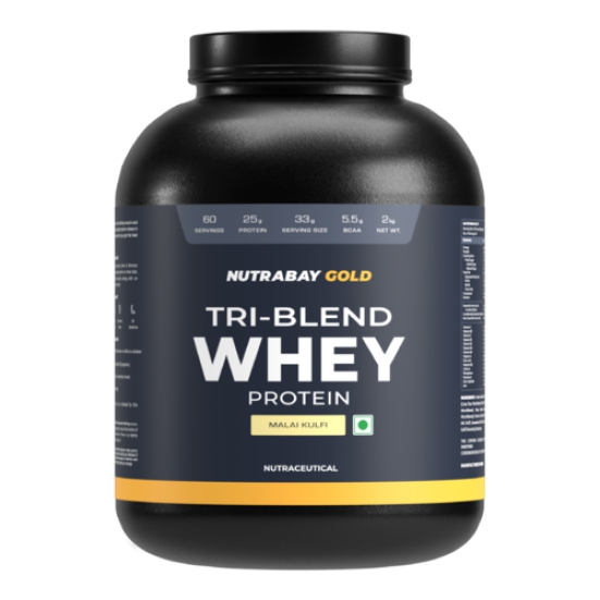 Nutrabay Gold Tri Blend Whey Protein Powder - 2kg, Malai Kulfi | 25g Protein, 5.5g BCAA | Concentrate, Isolate, Hydrolyzed Protein | Muscle Growth & Recovery | Gym Supplement for Men & Women