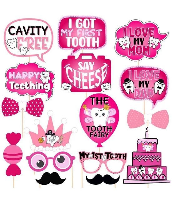 Zyozi 16 Pcs I Got My First Tooth Photo Booth Party Props/Colour Stylish Font/First Tooth Decoration/First Tooth Decoration Items for Baby/Pink My First Teeth Props/1st Teeth Decoration Item