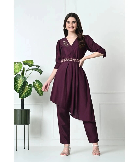 Desinoor.com Wine Embroidered Pant Top Set - None