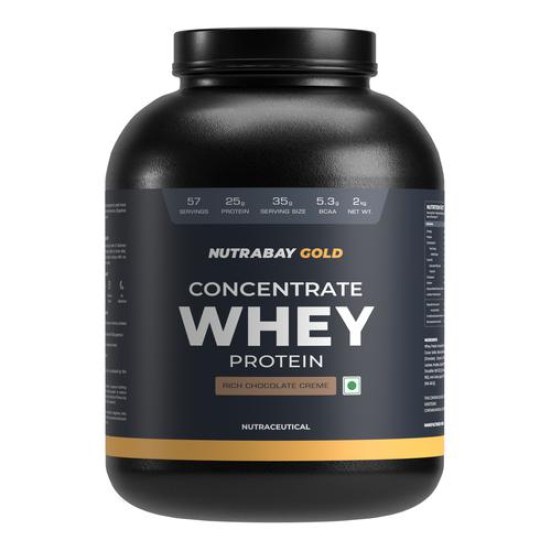 Nutrabay Gold 100% Whey Protein Concentrate with Digestive Enzymes - 25g Protein, 5.3g BCAA, 3.9g Glutamic Acid - 2Kg, Rich Chocolate Crème