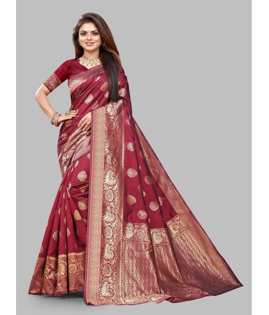 Gazal Fashions Banarasi Silk Embellished Saree With Blouse Piece - Maroon ( Pack of 1 ) - Maroon