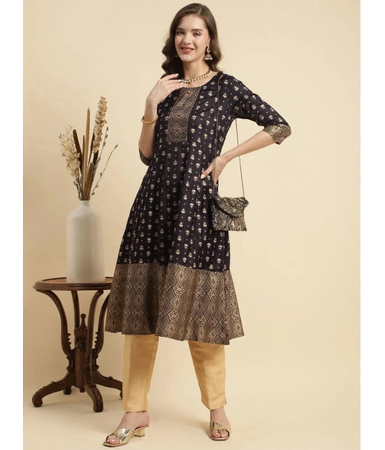 Rangita Women Black Ethnic Printed Calf Length Flared Kurti - None