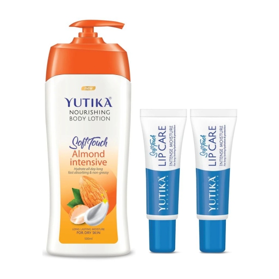 Yuthika Almond Body Lotion 500ml and Lip Care 10gx2Pcs, Nourishing Body Lotion and Lip Balm Combo Pack