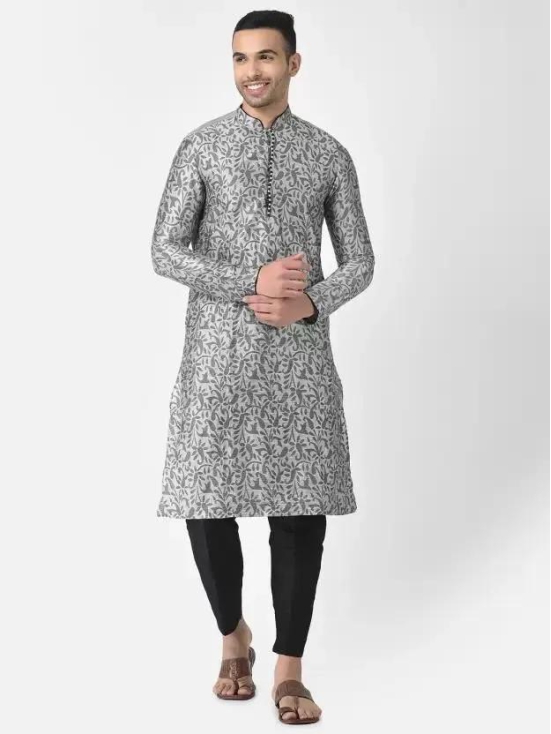 AHBABI Men''s Printed Dupion Silk Kurta Pyjama Set Silver-Black-M