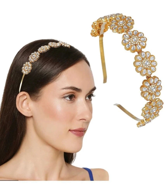 Lykaa Kundan Hairband Floral Design MathaPatti Gold-Plated Hair Band For Women - 1 Pack (Golden) - Multi