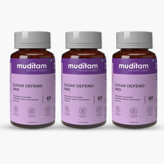 Muditam Sugar Defend Pro | Helps to manage | Weight Management | SUGAR FREE | Helps to regenerate B - cells | Sugar Care Vegan friendly | Pack of 3 Bottle | 180 tablets.