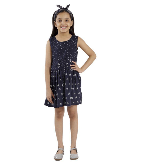 Kids Cave dress for girls fit and flare with Bow fabric printed rayon (Color_Blue, Size_3 Years to 12 Years) - None