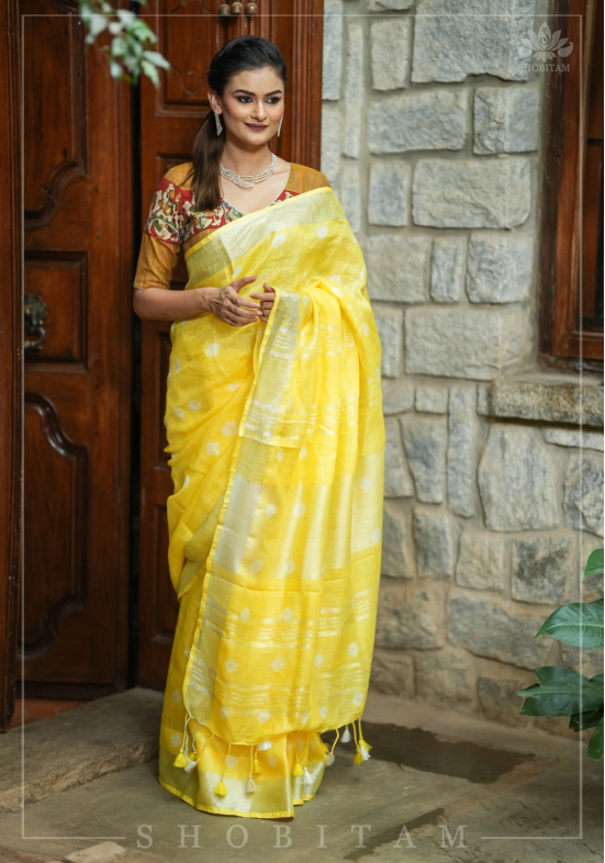 Authentic Bandini - Shibori on Pure Linen by Linen Saree with Zari Border in Sunflower Yellow