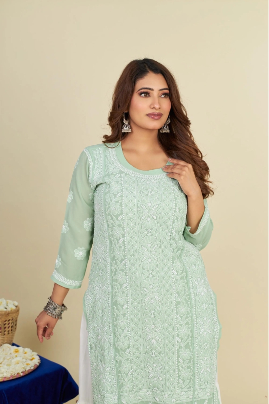 Georgette Chikankari  kurti- Pista Green-Pista Green / M