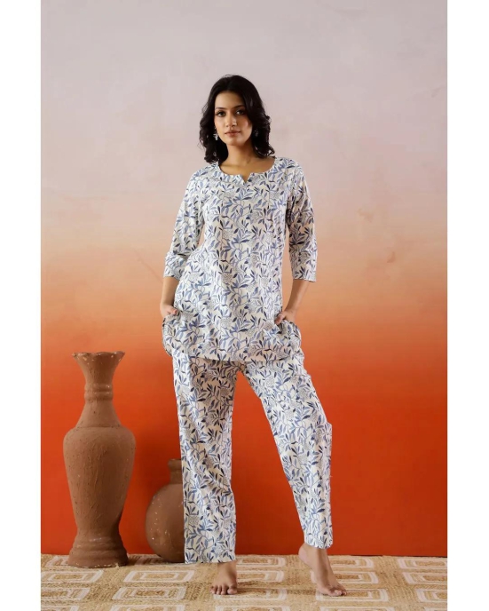 white and blue printed cotton Loungewear set-M